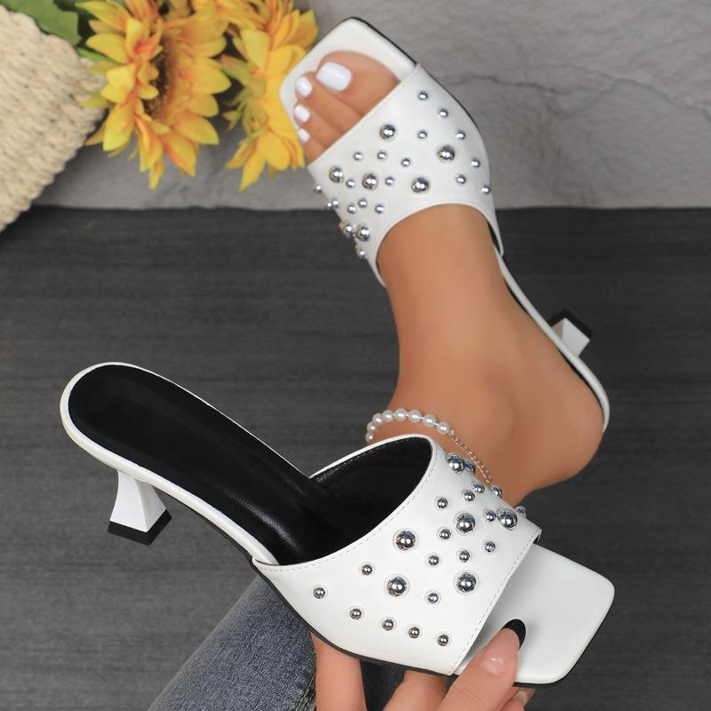 Women’s Studded Open-Toe High Heel Slide Sandals, Fashion Plus Size Shoes