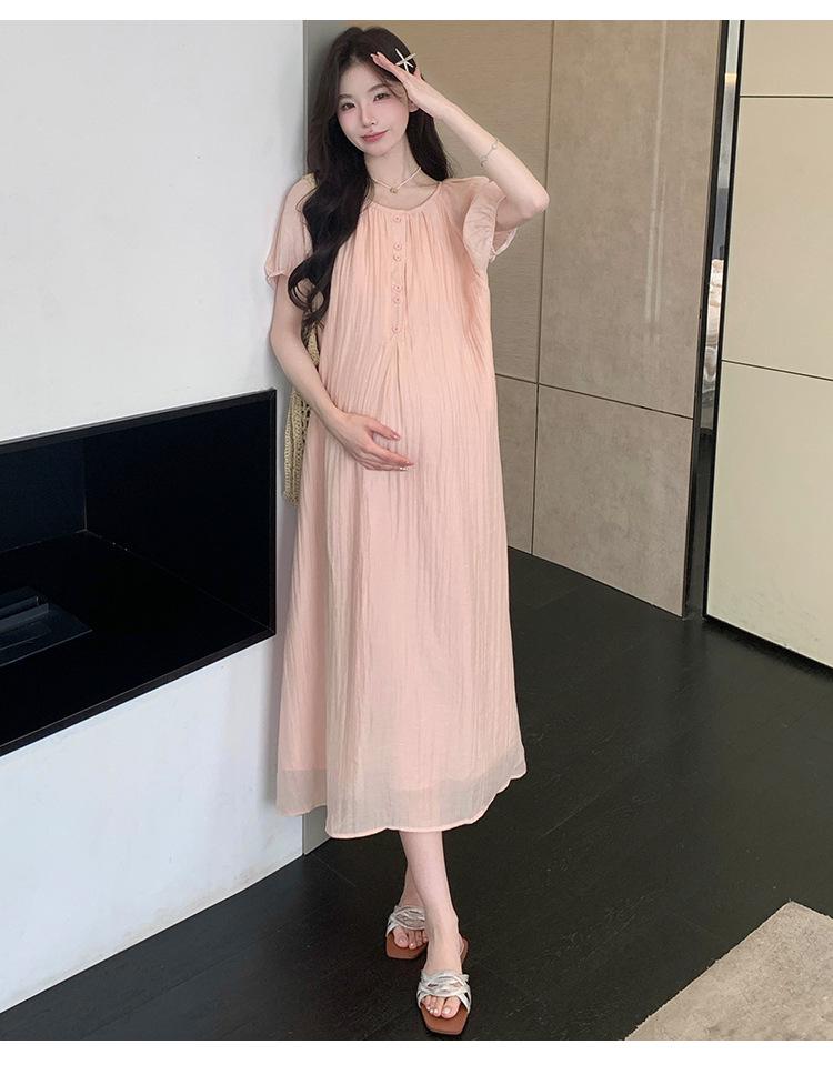 2026 Summer New Maternity Fairy Dress: Simple Round Neck, Loose Fit with Slimming Belt