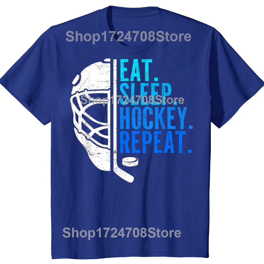 Eat Sleep Hockey Repeat Funny Boys Hockey Player Graphic T-shirts Men Fashion Casual Tshirt 100% Cotton Loose Oversized T Shirt