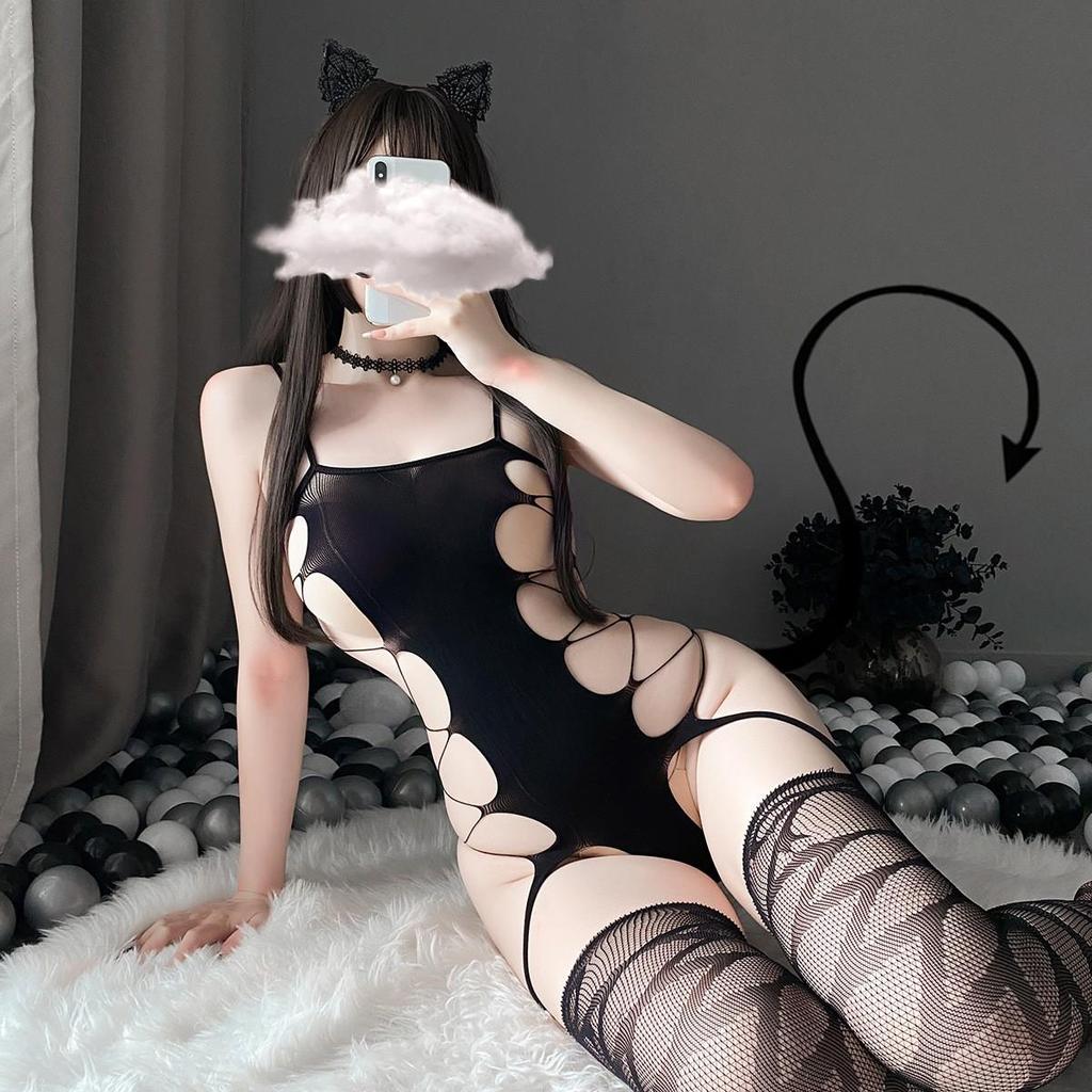 Open Crotch Jacquard Fishnet Bodysuit Set with Tearable Stockings