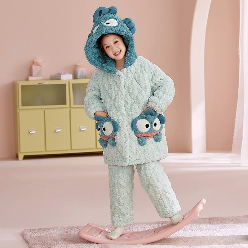 Girls Winter Warm Coral Fleece Pajama Set 3-Layer Quilted Sleepwear Cartoon Animal Print Kid Home Outfit