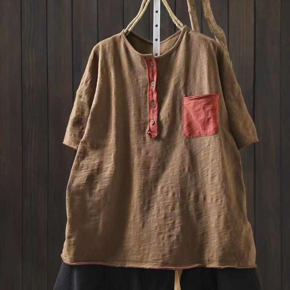 Johnature Women Vintage T-shirts Summer Chinese Style O-Neck Short Sleeve Pockets Solid Color Female T-Shirts