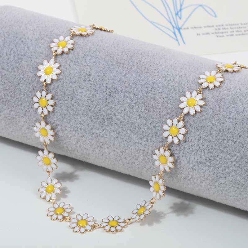 Pingyongchang Daisy Flower Necklace and Bracelet Set for Women - Bohemian Enamel Choker, Handmade Gold Spring Sunflower Jewelry for Party and Beach
