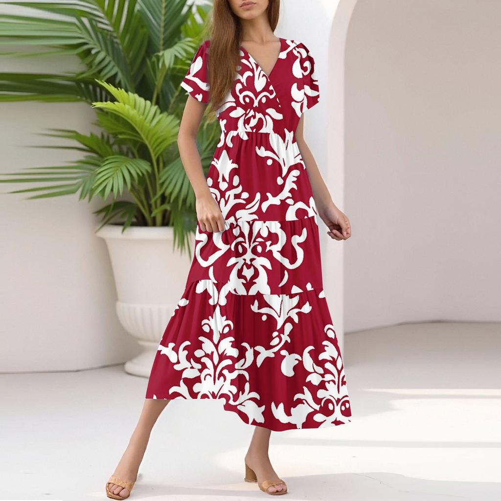 Damen Sommer Casual Mode V-Ausschnitt Rüschenärmel Blumendruck Midi-Kleid