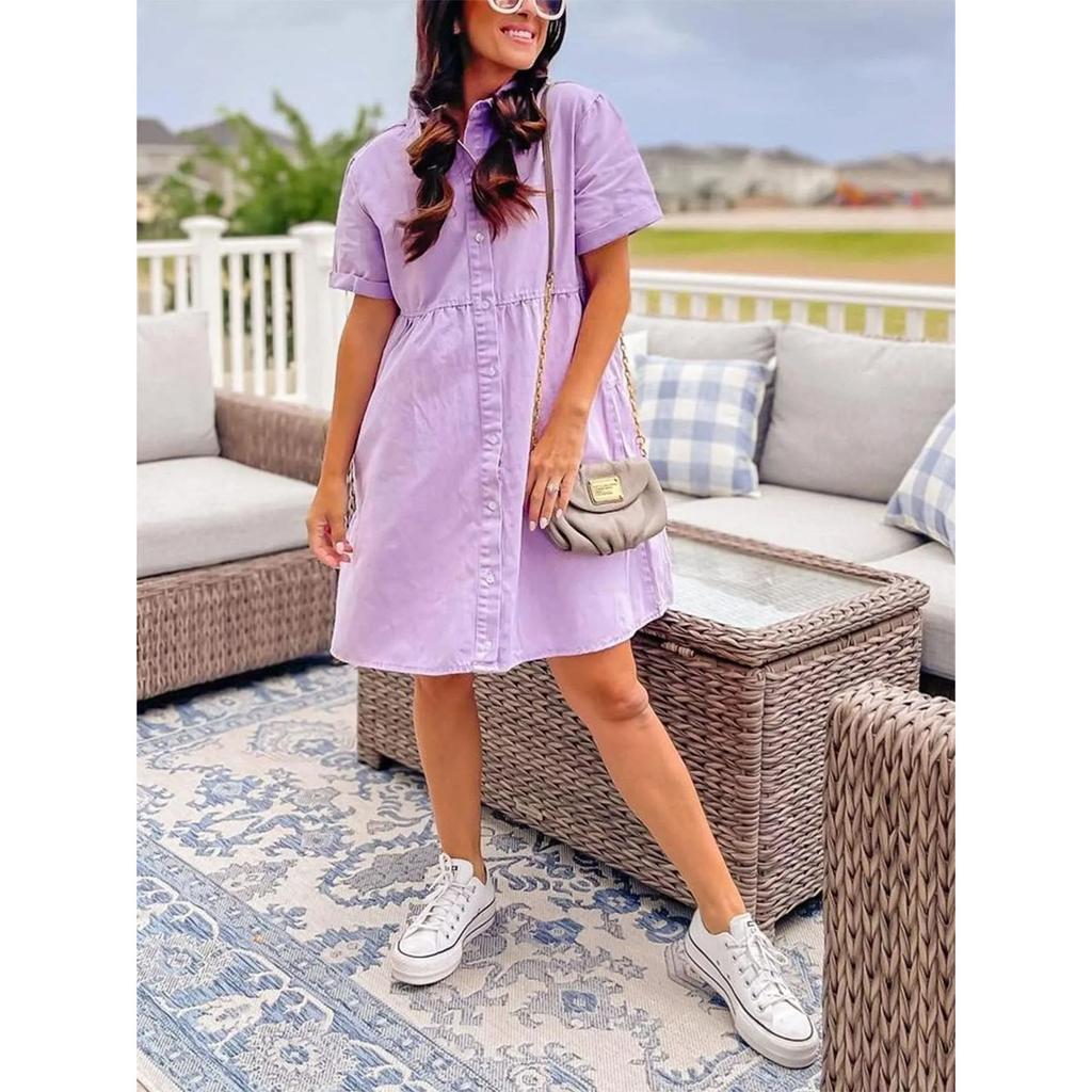 Kadın Kot Gömlek Elbiseler Kısa Kollu Düğmeli Yaka Jean Elbise Tek Düğmeli Günlük Üst Bol Fırfırlı Kenar Kadın Elbiseleri