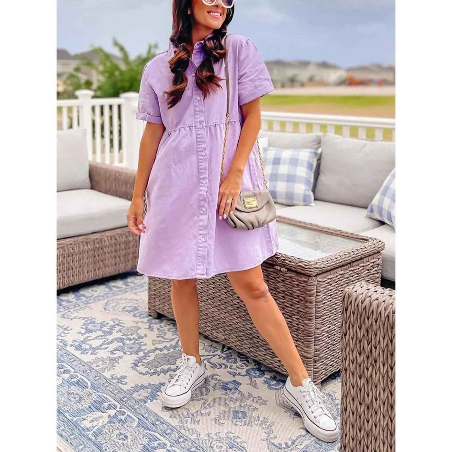 

Жіночі джинсові сорочки з коротким рукавом, відкладним коміром, джинсова сукня, однобортний повсякденний топ, вільний жіночий сукня з рюшами L світло-фіолетового кольору