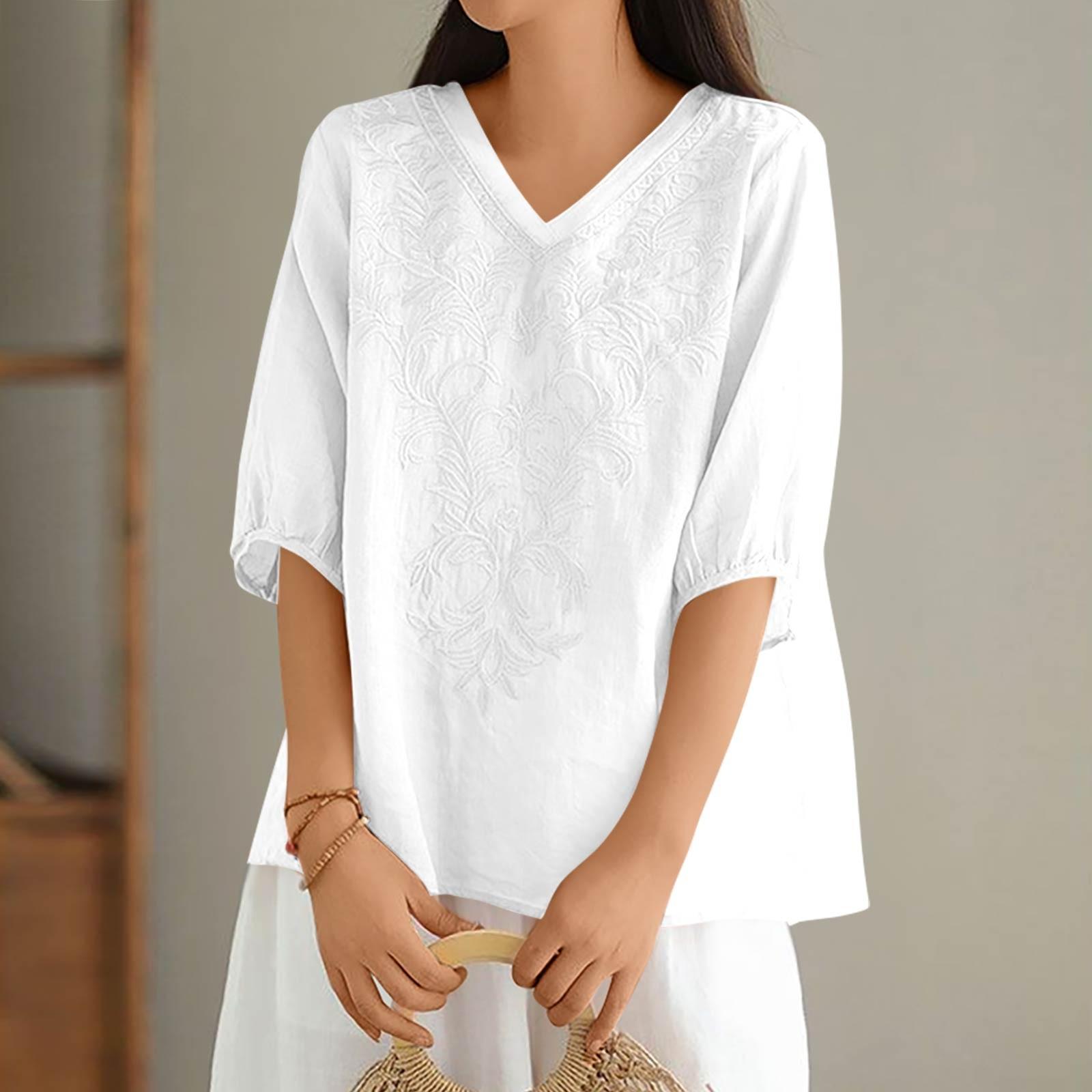 

Женские однотонные винтажные свободные топы из тонкого хлопкового льна с V-образным вырезом, пуловеры M белый