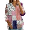 Women's Button Front Patchwork Floral Print Shirt Three Quarter Sleeve Loose Fit Blouse with Collar and V Neckline