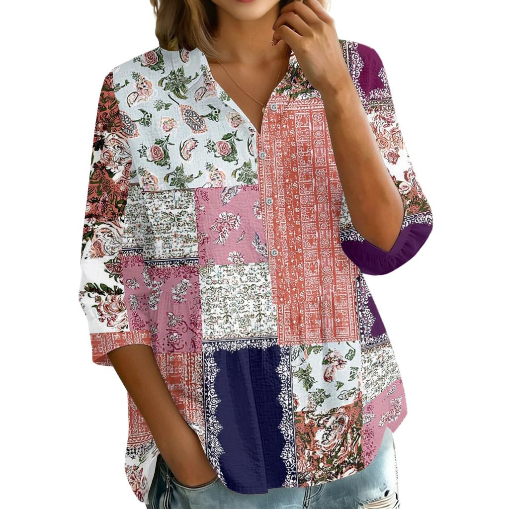 Women's Button Front Patchwork Floral Print Shirt Three Quarter Sleeve Loose Fit Blouse with Collar and V Neckline