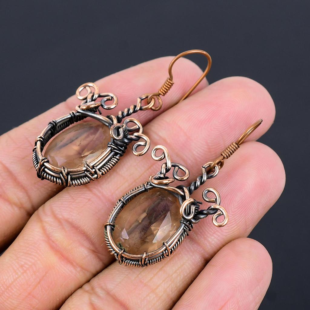 Smoky Topaz Earrings Gemstone Jewelry, 999 Copper Wire Wrapped Earrings, Handmade Beautiful Jewelry Earrings