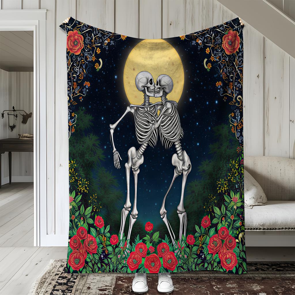 1pc Flannel Blanket: Romantic Moonlit Skull Couple 2D Print, Warm & Soft Throw for Sofa, Bed, Car, Office, Camping, and Travel –