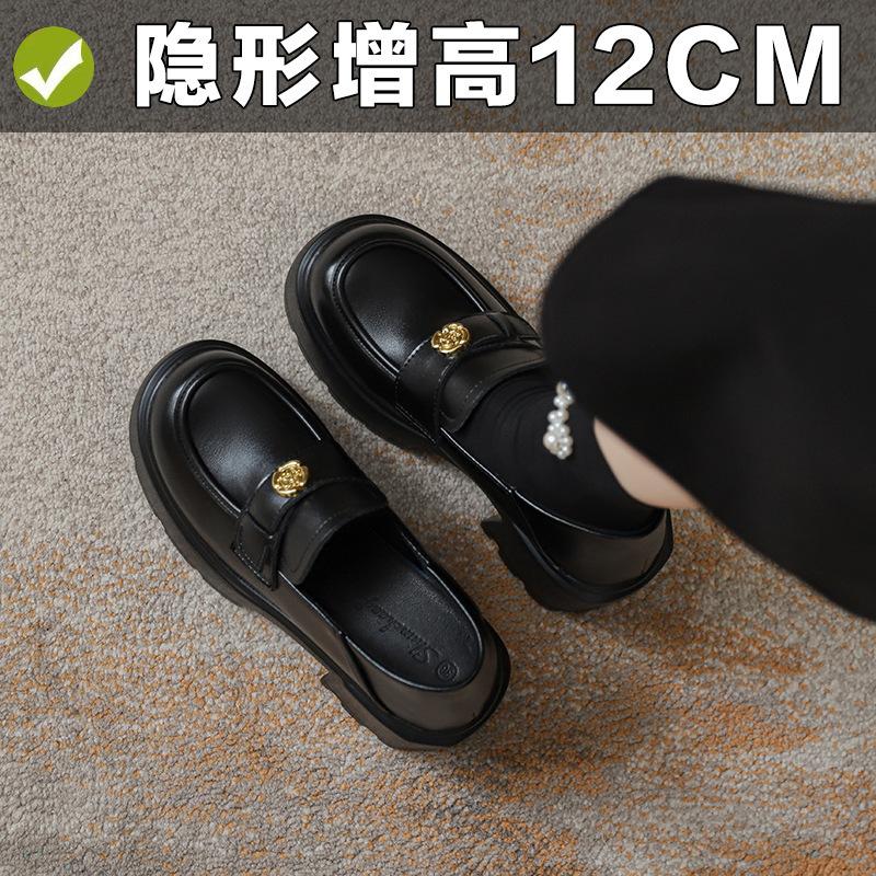 

Inner height increase 12cm small thick-soled women s British high-heeled thick-heeled black camellia small leather shoes 32 чорний