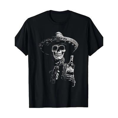 Machine Washable Top| Men's Vintage Skeleton Tequila Graphic Tee - Dia De Los Muertos, , Short Sleeve, Round Neck