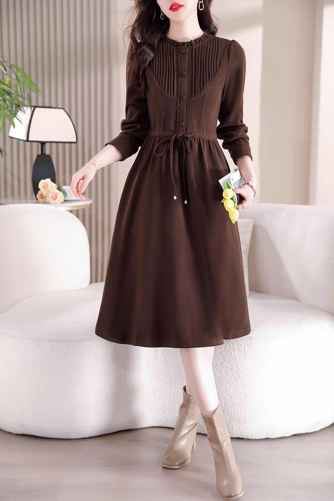 Chubikime Long Sleeve Dress with Ruffles and Crew Soft Corduroy Warm and Flattering for Fall and Perfect for Work or Casual Wear Women's Midi-Length