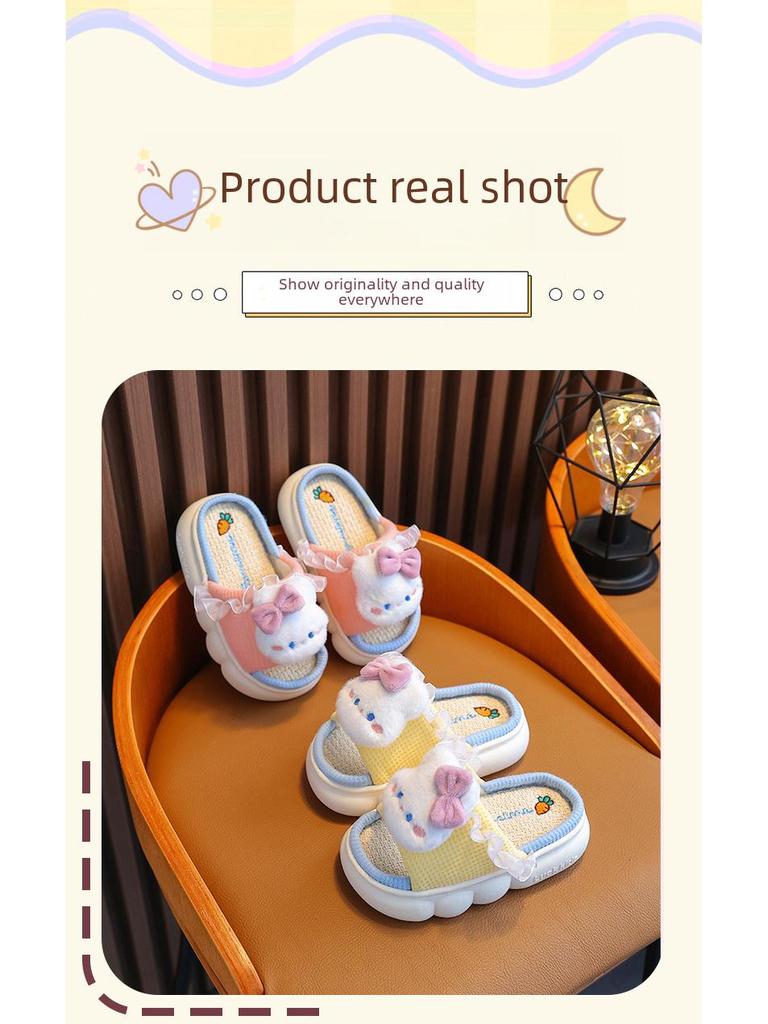 Kids' Princess Linen Slippers: Non-Slip, Thick-Sole, for Spring & Autumn.