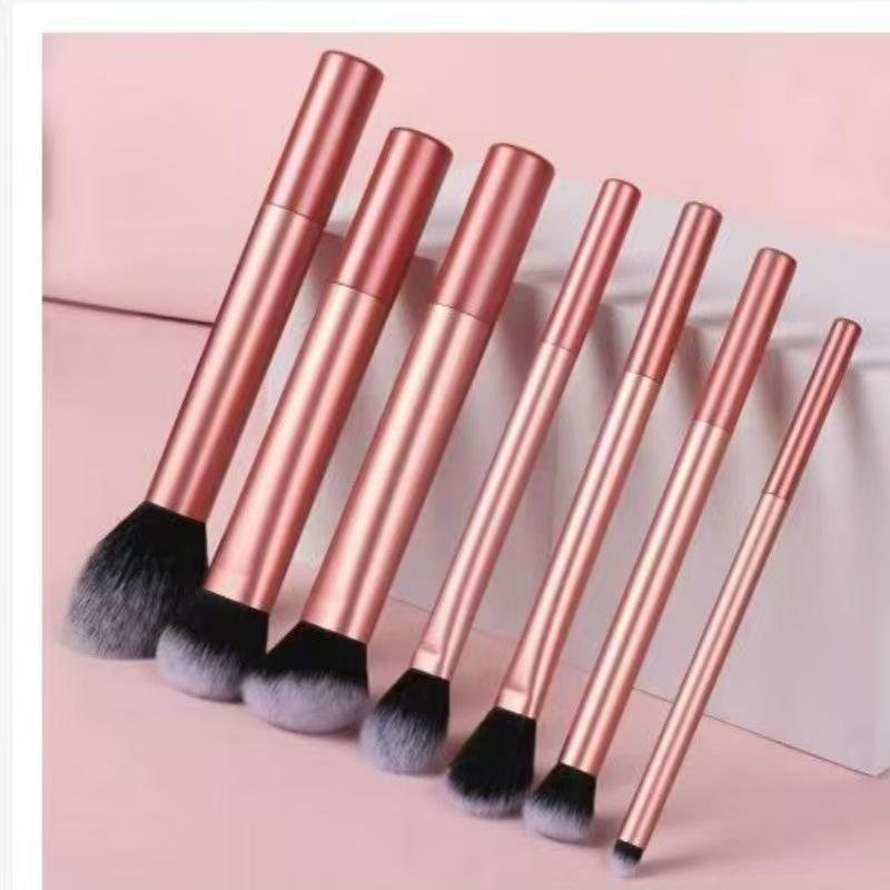 7-Piece Multi-Color Long Handle Makeup Brush Set with Aluminum Tube for Eyeshadow & Blush