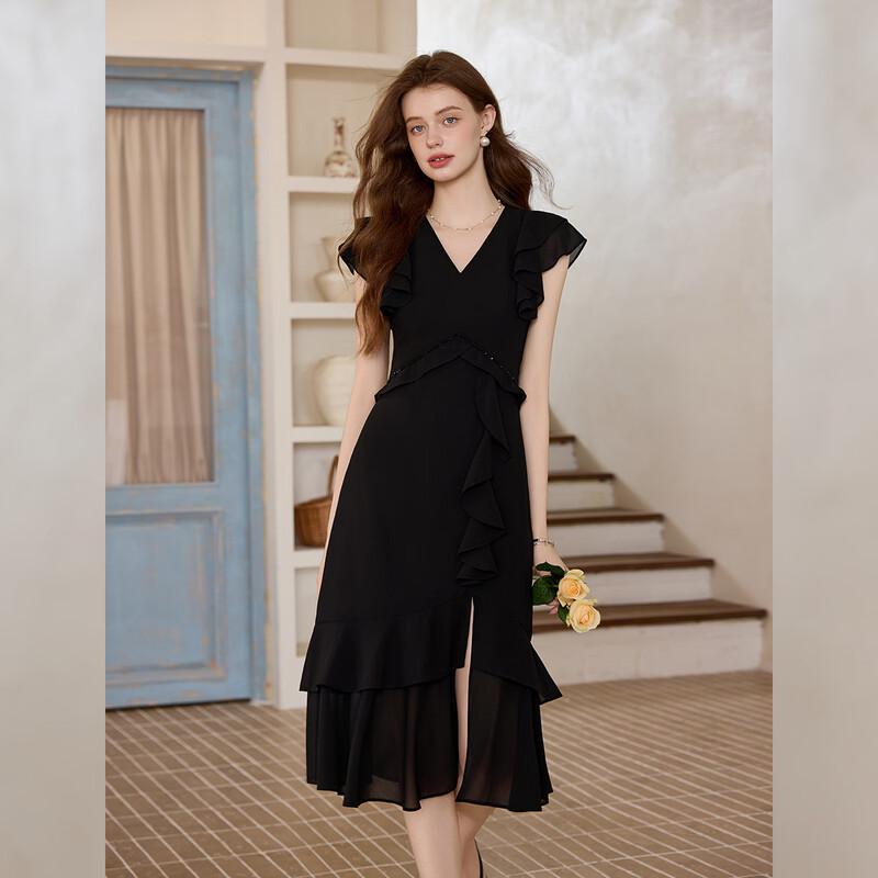 Bailuyu Women s 2026 Summer French V-Neck Ruffle Waist Slim Long Dress S