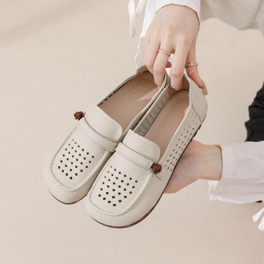 Genuine Cowhide Mom Shoes, Versatile Hollow Cutout Flat Casual Leather Shoes, Summer Soft‑Sole Breathable Slip‑on Shoes SA‑998‑1