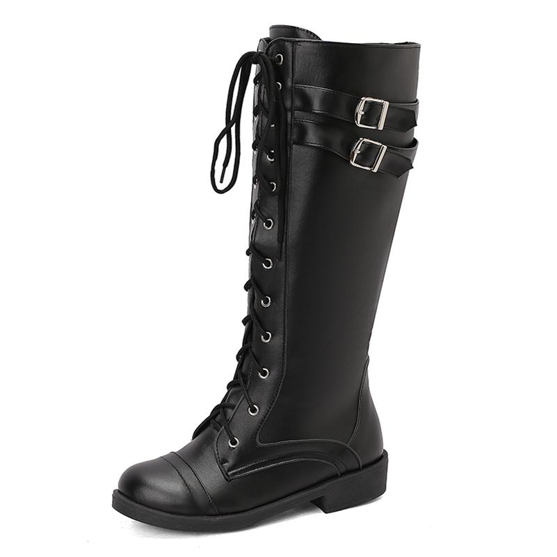 

Meotina Women Knee High Long Boots Round Toe Thick Mid Heels Buckle Lace-up Zipper Gogo Boots Ladies Fashion Shoes Autumn Winter 46 35 чёрный