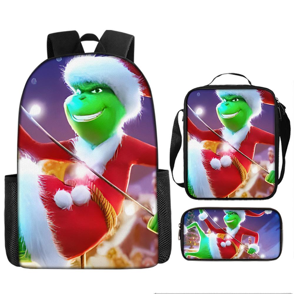 Green Hair Monster Grinch School Bag Campus 12345th and 6th Grade Backpack Lightweight Weight Loss Computer Bag Three-piece Set
