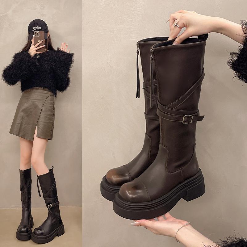 Damen Hohe Stiefel Frau Rutschfeste Gürtelschnalle Winter PU Leder Kniehohe Stiefel Damen Klobige Plateaustiefel Lange Stiefel 5452