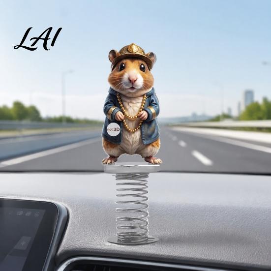 Vivid Pattern Car Ornament Cute Rat Dashboard Ornament Funny Animal Decoration with Gold Beads Chain 2D Dynamic Console Toy Flat Acrylic Hamster