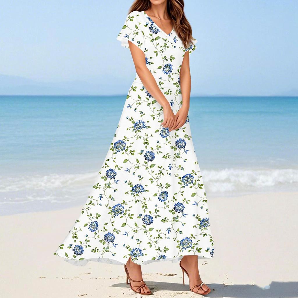 Women's Summer Casual Fashion Print Dresses V-Neck Short Sleeve Dresses