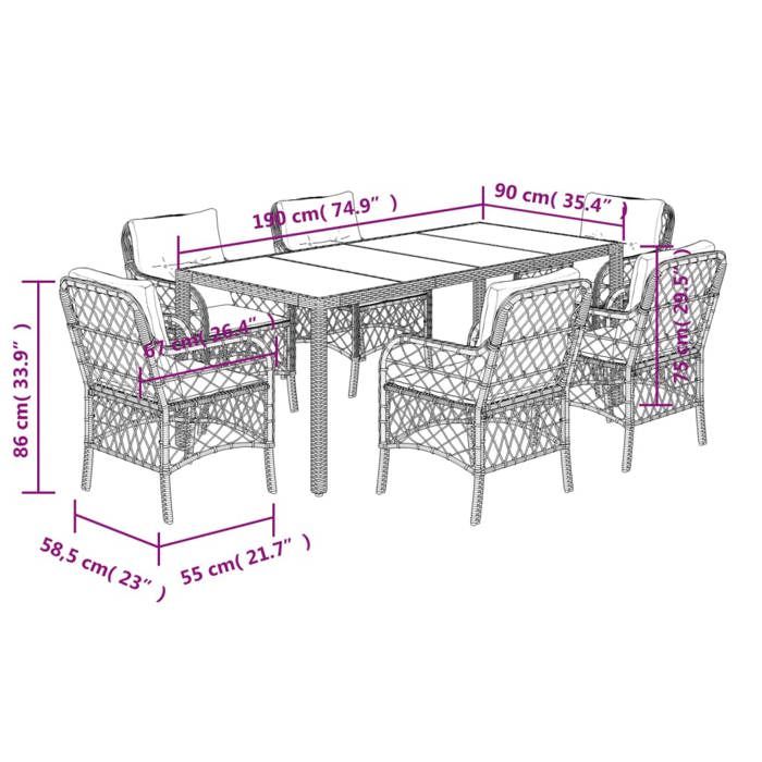 VidaXL Garden Dining Set with Cushions 7 Pcs, Patio Table and Chairs, Outdoor Furniture Terrace, Modern, 3212022