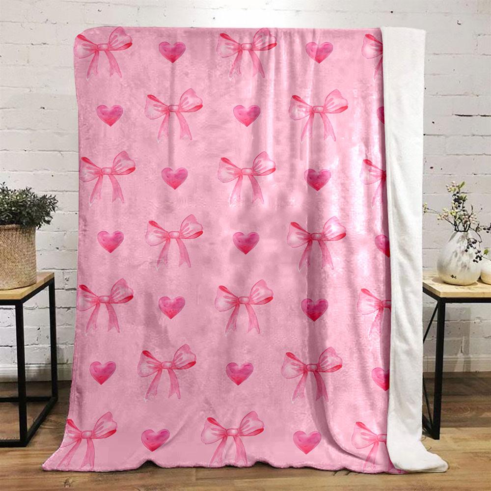 Pink Bow Heart Blanket Bedroom Blanket for Livingroom Couch Lunch Break Soft Throw for Friend's Festival Gift