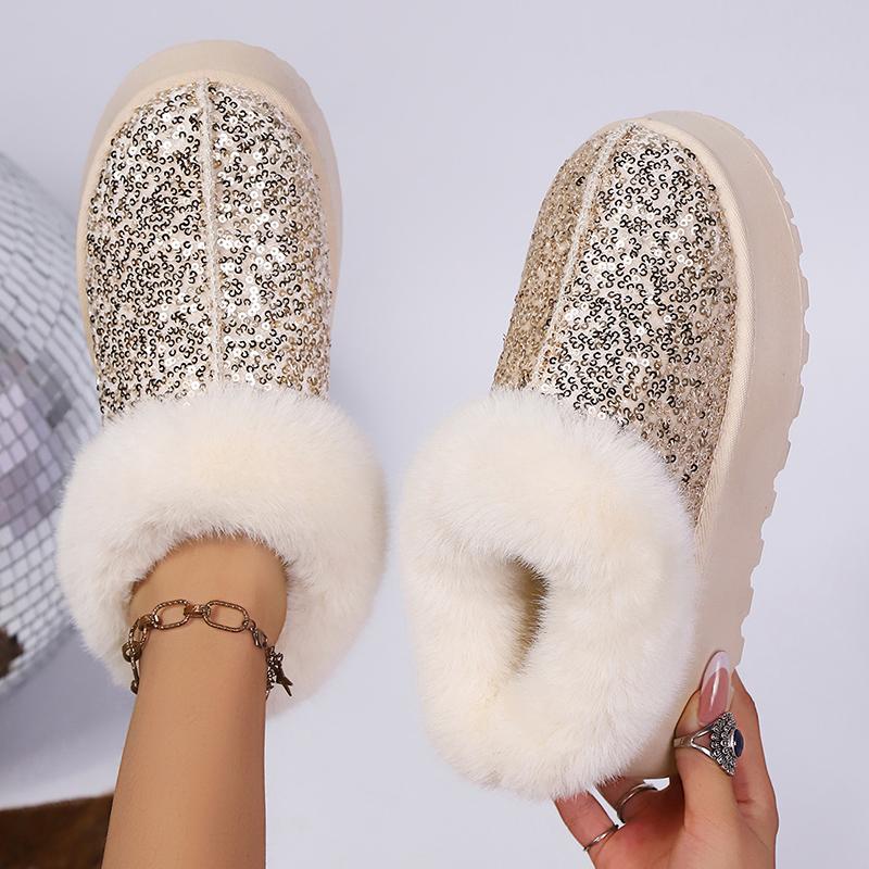Fashion Shiny Sequins Fluffy Snow Boots for Women Winter Thick Sole Warm Plush Ankle Boots Woman Faux Fur Chunky Platform Booties Female