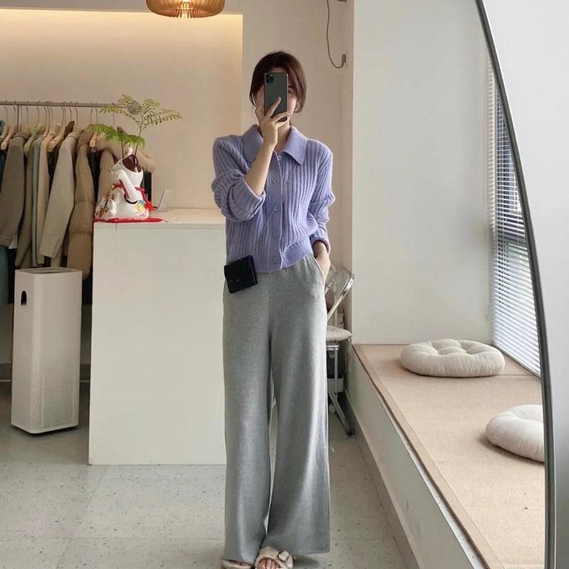 Autumn Women's Sweater Simple POLO Neck Knitted Cardigan Short Solid Color Top