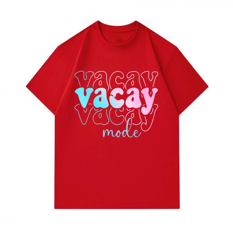 Men's 100% Cotton Crew Neck Short Sleeve T-Shirt, Casual Gradient Vacay Mode Letter Print Tees, Breathable Soft Summer Tops for Daily Holiday Travel W