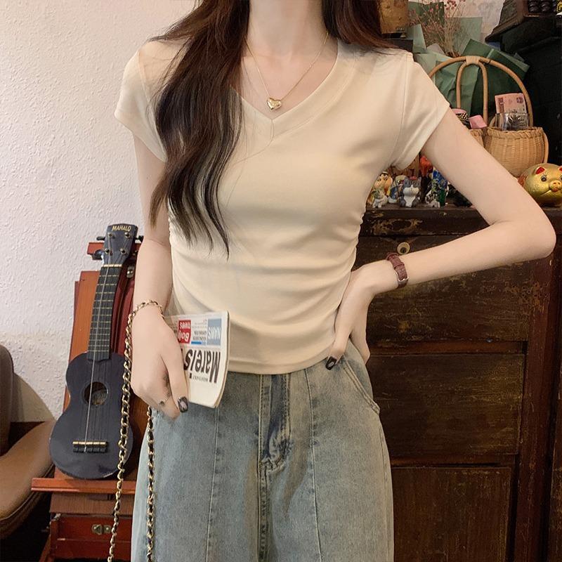 Versatile V-neck design sense waist thin short-sleeved cotton T-shirt women's summer temperament short irregular inner shoulder top