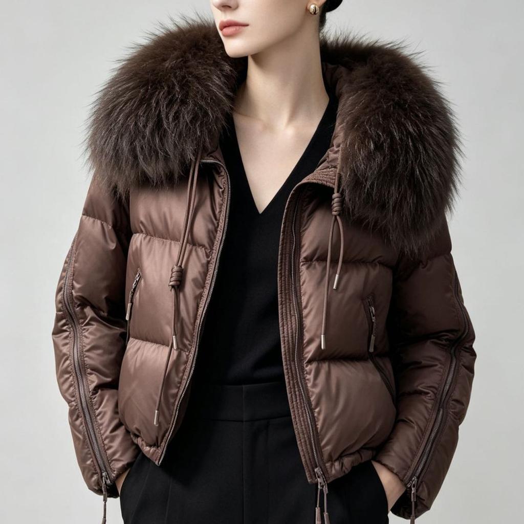 Women's Pinghu down jacket short winter natural raccoon hair big fur collar white duck down jacket loose and thickened to keep warm