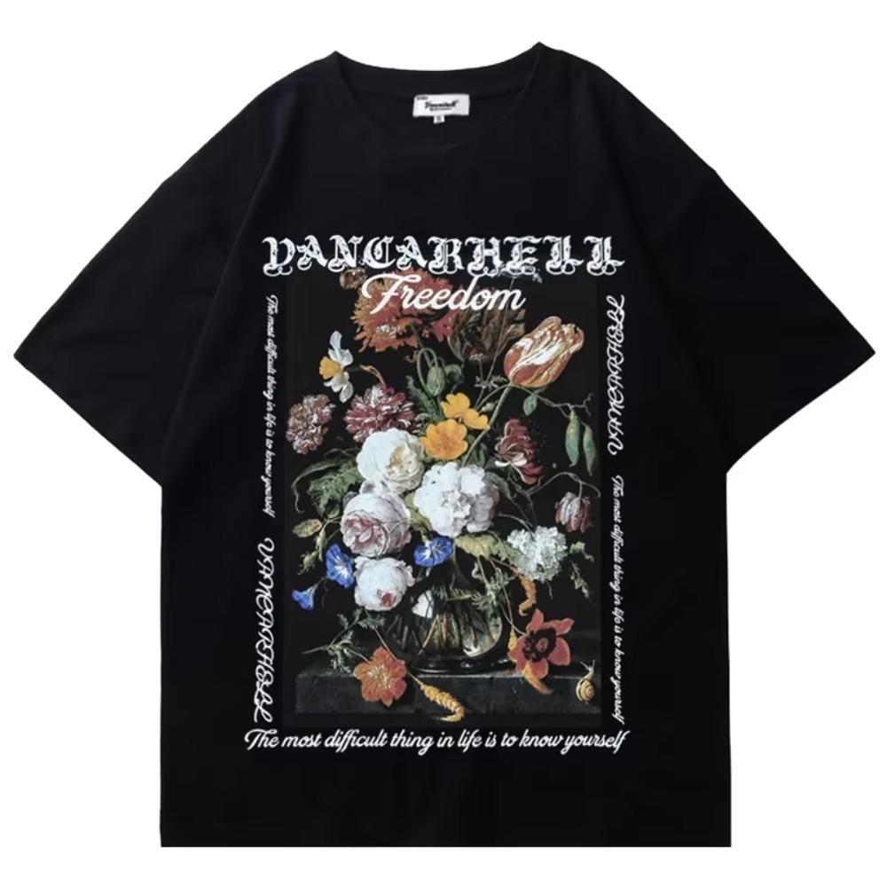 

Летняя новейшая ретро-роза с забавным принтом с коротким рукавом из 100% хлопка для мужчин, модные уличные повседневные топы для пар, свободные футболки XXXXXL чёрный