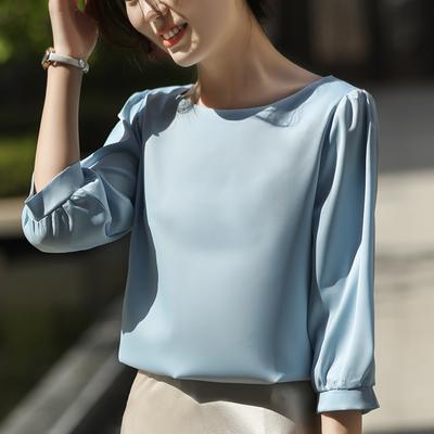 Round Neck Satin Mid-sleeved T-shirt Summer Five-point Sleeve Fashionable Shirt French Retro Lantern Sleeve Base Shirt