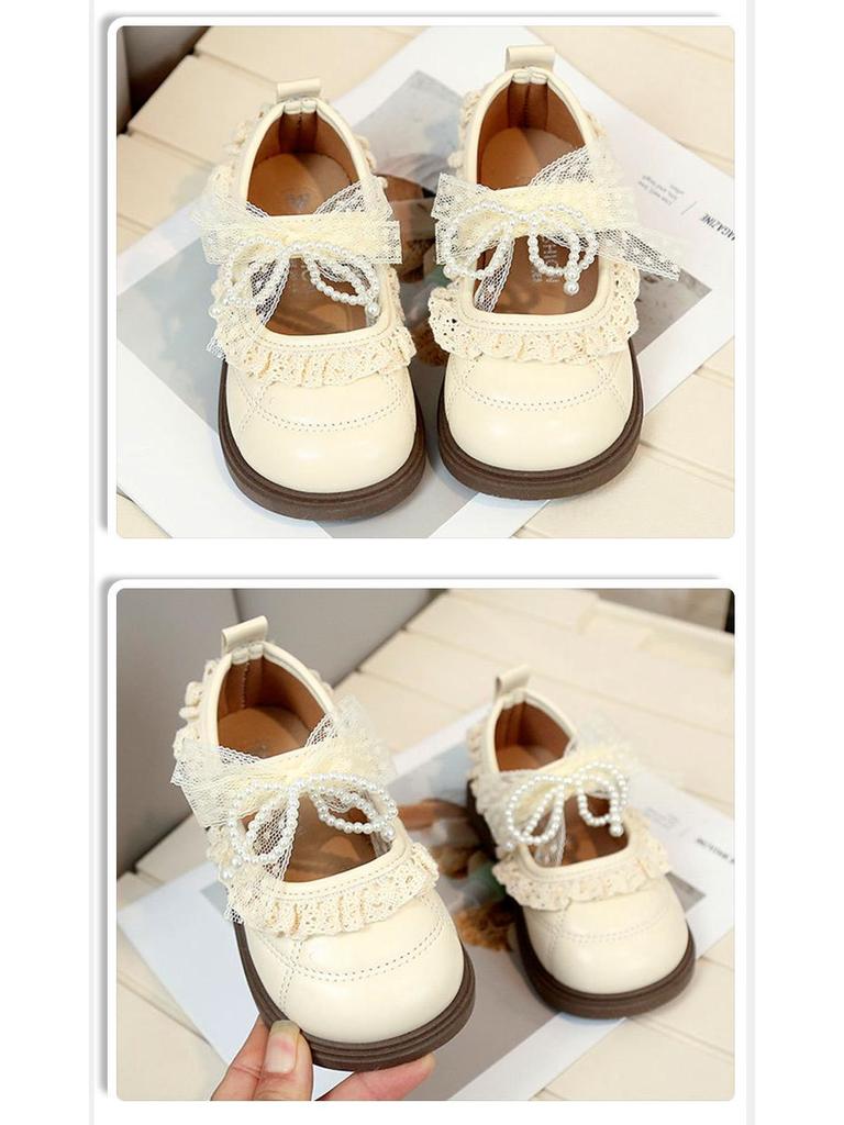 Girls' Lace Bow Leather Shoes - Spring & Autumn Korean Style Princess Performance Shoes with Pearls
