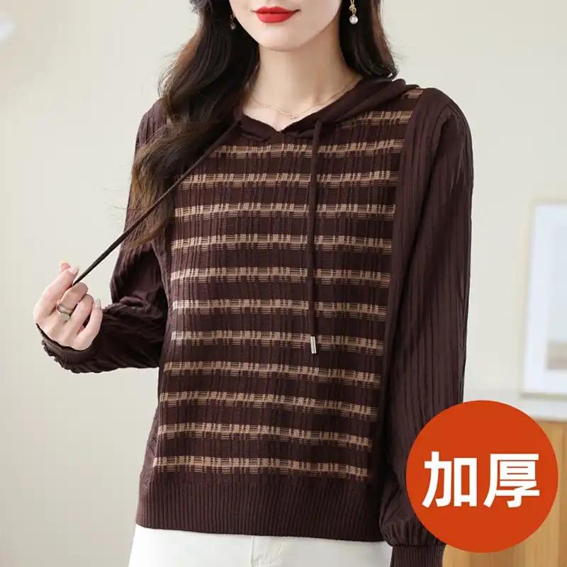 Женский утепленный черно-белый полосатый худи свободный с длинным рукавом на шнурке вязаный пуловер повседневный теплый топ L