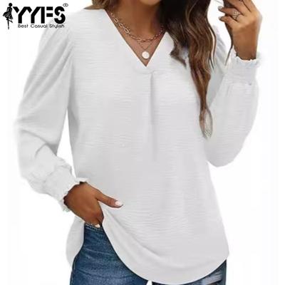 Women's Fashion Casual Spring Fall Solid Color Print Long Sleeve V-Neck Blouses & Shirts