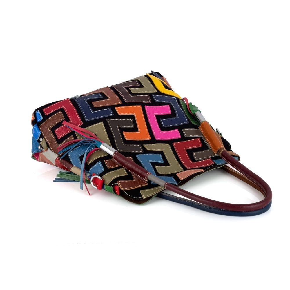 Niche Design Contrasting Color Leather Cowhide Handmade Pattern Tote Bag Shoulder Women'S Bag