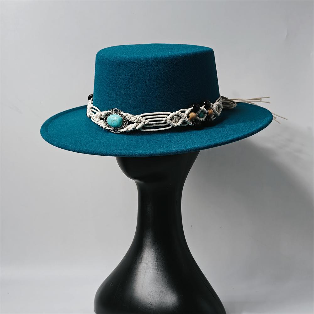 TurquoiseFedora Hat Women Men Autumn Winter Classic Felt Wide Brim Flat Top Jazz Panama Hat Casual Party Church Hat