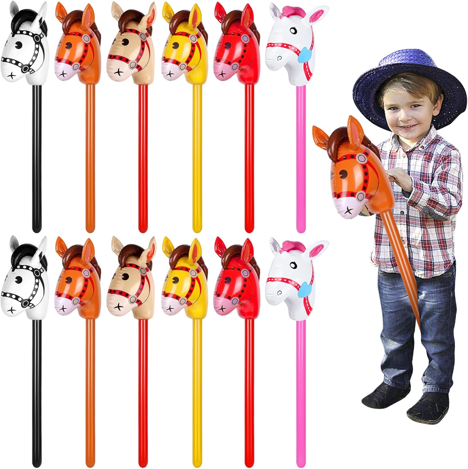 3Pcs/5pcs Inflatable Stick Horse Large Horse Head Balloon Blow Up Pony Stick Toy Halloween Christmas Cowboy Party Supplies