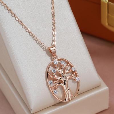 Life Tree Pendant Gold Color Zircon Necklaces Luxury Wedding Women Jewelry