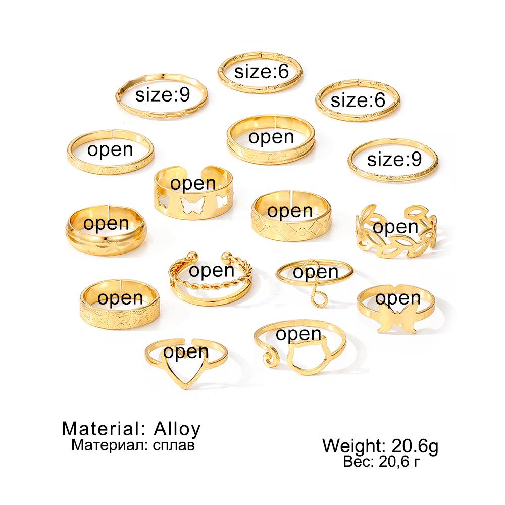 2024 Fashion Leaf Ring Love Butterfly Cat Head Twist Ring 16 Piece Gold Deluxe Cat Ring Open Hand Carved Jewellery Gift Set