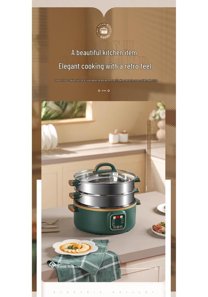 Multi-Function Electric Hot Pot with Timer - Three-Layer Steamer & Cooker, Large Capacity, Automatic Power-Off.