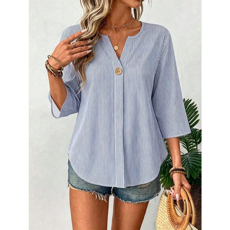 JPNTKY Women's Fashion Casual Solid Color Print V-Neck 3/4 Sleeves Blouses & Shirts