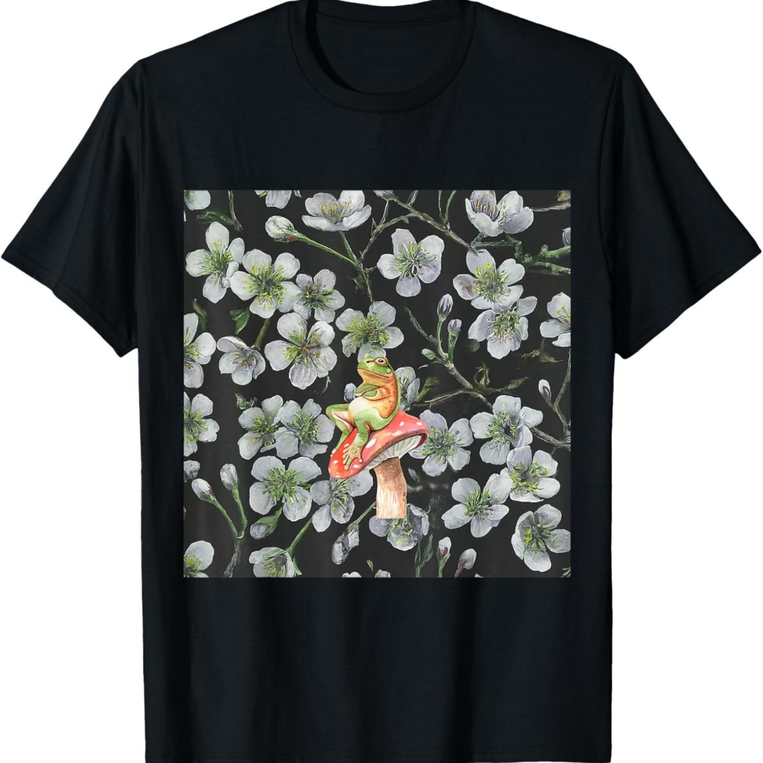 Frog on Mushroom White Cherry Blossoms Flower Pattern T-Shirt S чёрный