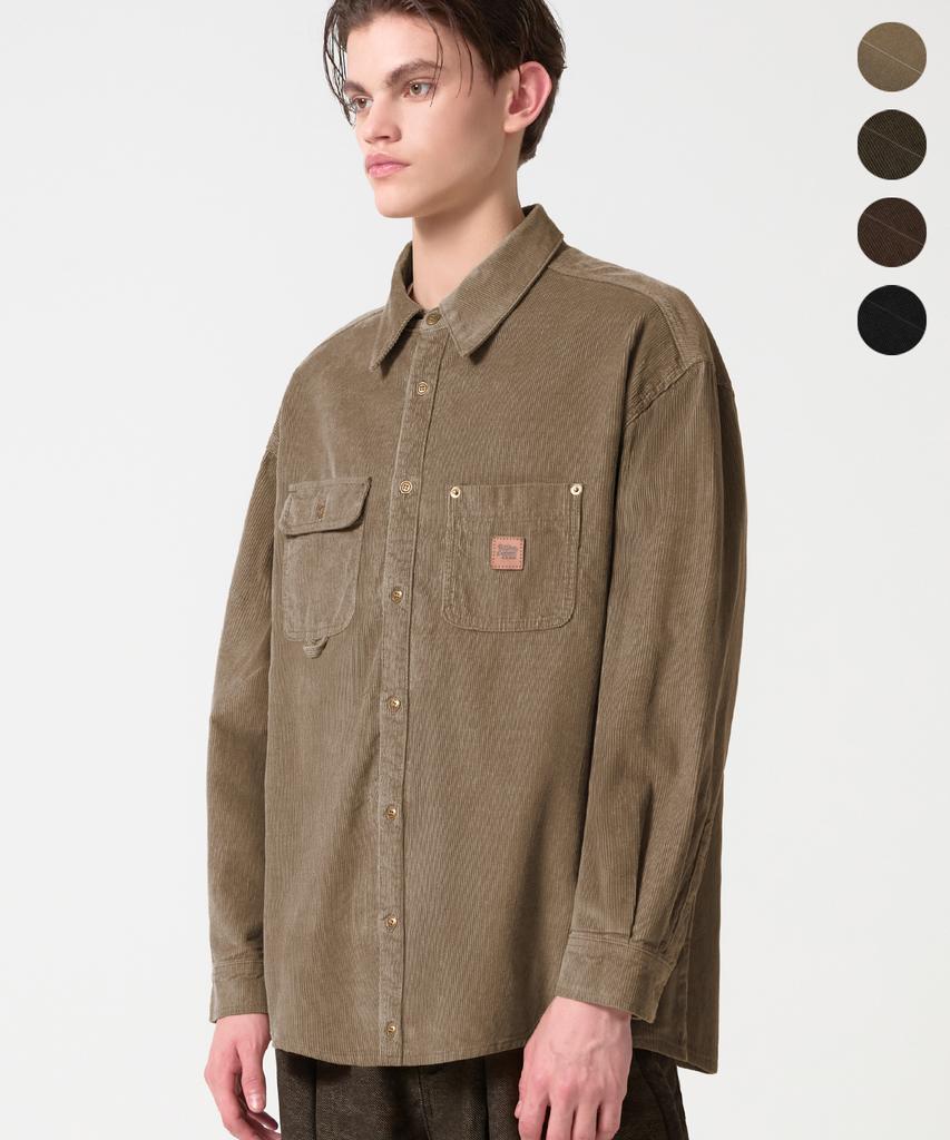 TRILLION Leather Patch Corduroy Work Shirt_4Color