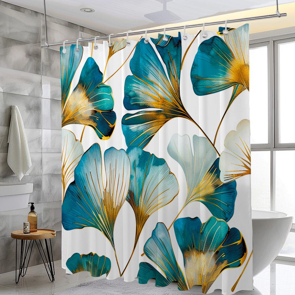 1pc Ginkgo Biloba Shower Curtain - Blue & Gold Design, Moisture-Resistant Polyester, 71x71", 12 Hooks, Easy To Clean