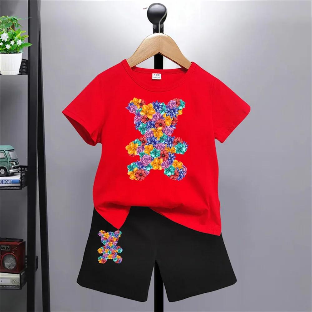 Bear Pattern Kids T-shirt Pants Kawaii T-shirt  Anime Cartoon Kids Casual Clothing 2-piece Set Kids Girls Boys Fashion Y2K